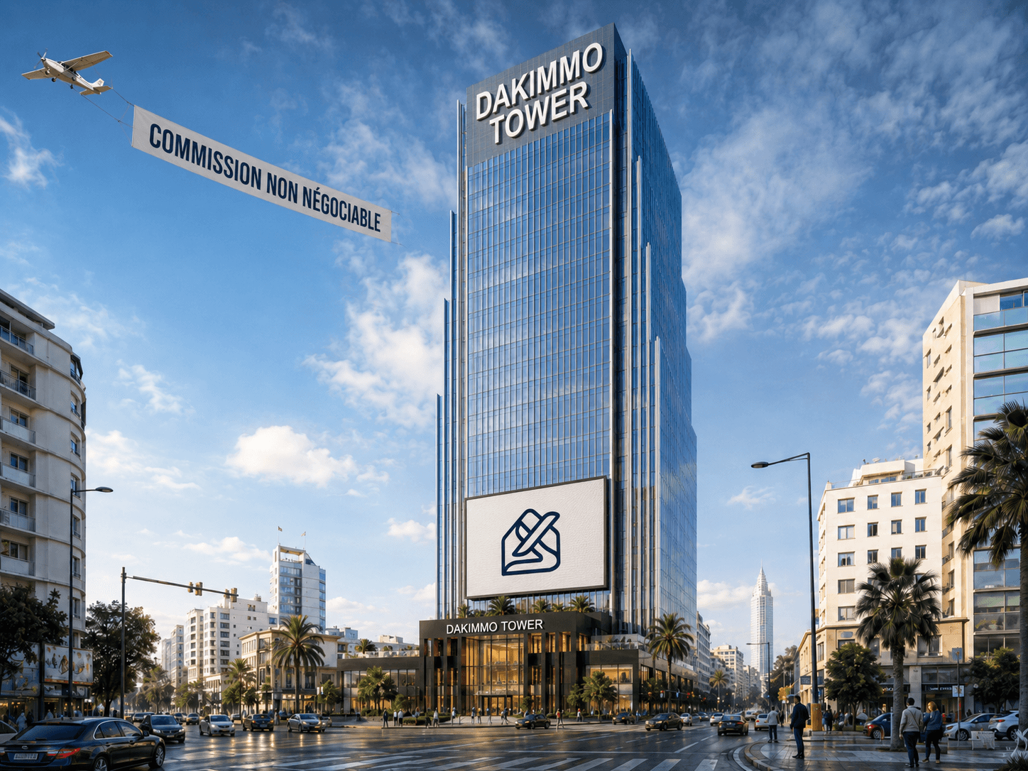 Dakimmo Tower — avion tractant la banderole « Commission non négociable »